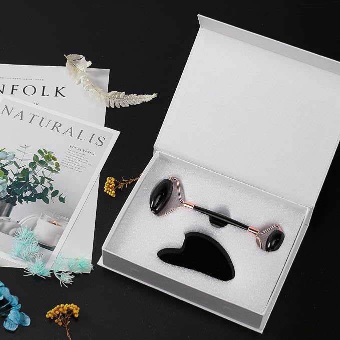 Jade Roller for Face, Facial Roller Massager Skin Care Tool, Gua Sha Facial Tools for Face, Neck, Eyes, Reduce Puffiness of The Skin (Black)-Velvo Beauty