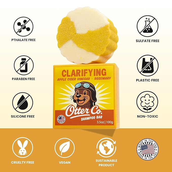Otter co. Clarifying Apple Cider Vinegar Shampoo Bar for Build Up – Argan oil, Rosemary, Nettle, Jojoba oil – Vegan, Sulfate Free & Non Toxic – Women and Mens Shampoo, All Hair Types, Made in USA-Velvo Beauty