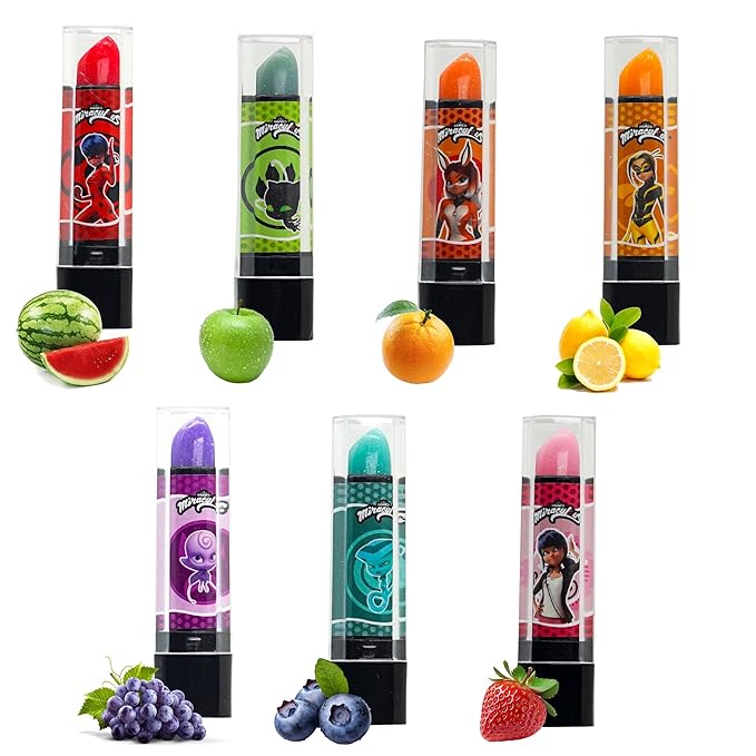 Miraculous Ladybug Cosmetic Lipstick Set - 7 Fruit Scented Color-Changing Lipsticks for Kids - Transforming Lipsticks Turn Pink - Magic Lipsticks Gift Set - Safe & Fun Makeup Kit-Velvo Beauty