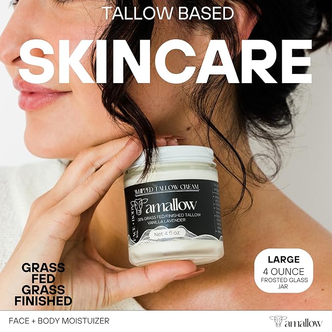 Amallow 100% Grass Fed Beef Tallow for Skin Care - Face + Body - Whipped Moisturizer - Natural Lotion, 4 FL. oz. (Vanilla Lavender)-Velvo Beauty