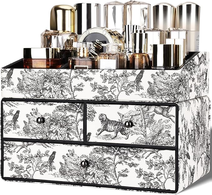 GORESE Leather Makeup Organizer with 3 Drawers for Vanity, Stackable Skincare Holder Dresser Organizer Countertop, Make Up Storage Organizers Counter Cosmetic Display Case Gift for Women(Retro Black)-Velvo Beauty