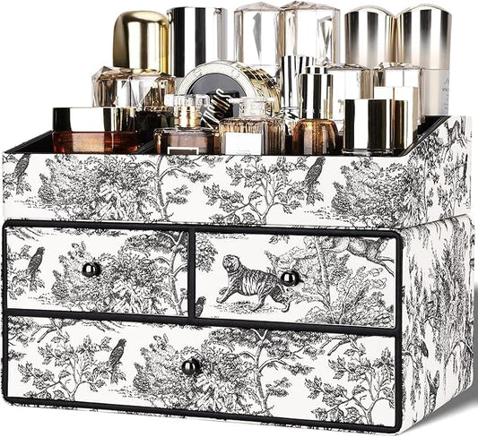 GORESE Leather Makeup Organizer with 3 Drawers for Vanity, Stackable Skincare Holder Dresser Organizer Countertop, Make Up Storage Organizers Counter Cosmetic Display Case Gift for Women(Retro Black)-Velvo Beauty