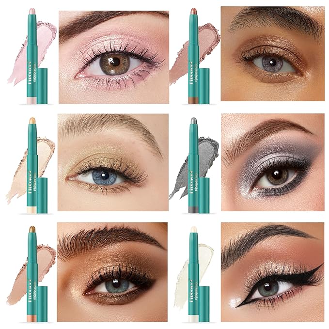 6 Colors Eyeshadow Stick Set, Eye Brightener Stick Shimmer Smooth Cream Eyeliner Pencil Long Lasting Waterproof Glitter Highlighter Eye Shadow Makeup-Velvo Beauty