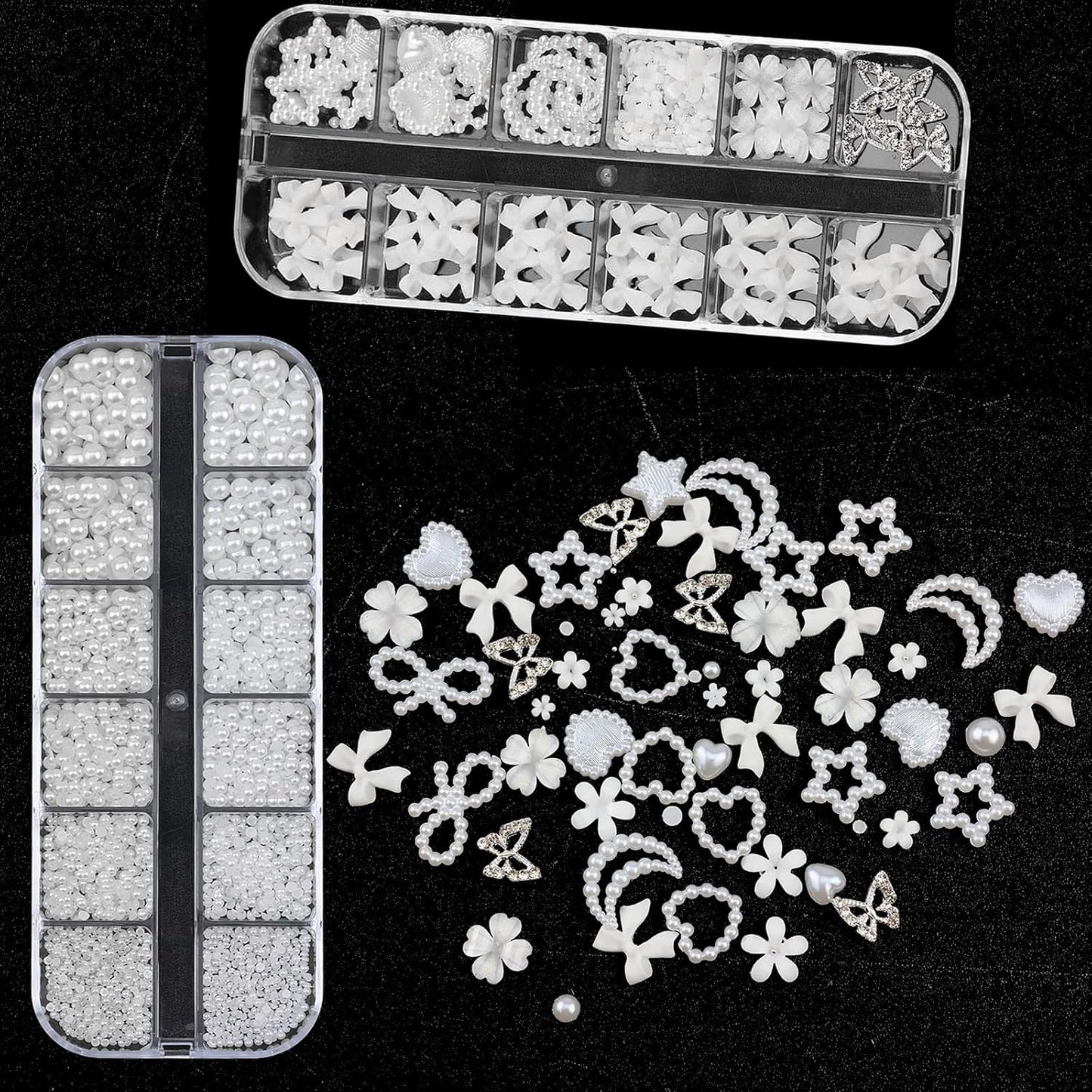 Nail Art Pearls with Glue Gel Flatback Pearls White Bow Nail Charms Heart Butterfly Nails Gems Pearls Accessories for Women Nails Design Decoration-Velvo Beauty