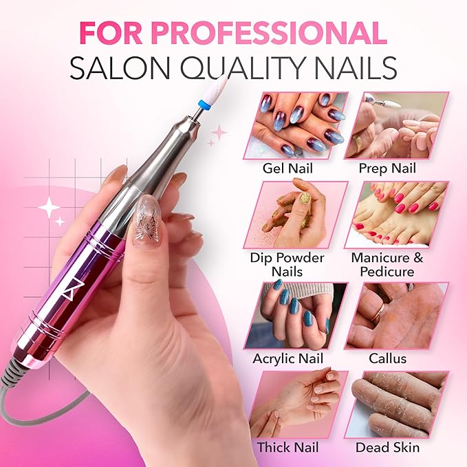 M Mase- Professional Nail Drill Machine - Coreless 2-in-1 Nail File - Electric, Cordless, 35000 RPM, HD Display - Electric Nail Drill for Professional & Home Use (Unicorn Purple)-Velvo Beauty