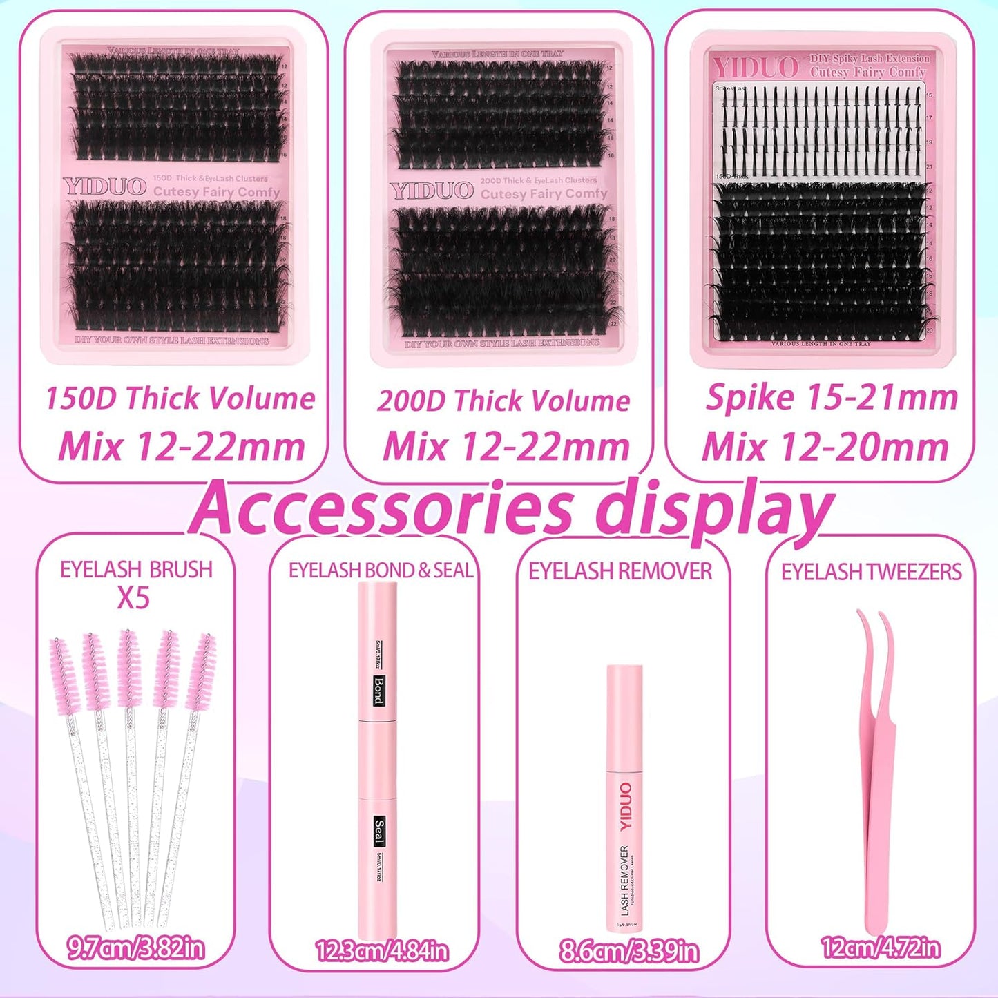 575Pcs Bulk Pack Lashes Clusters Kit with Glue and Removers, D Curl Volume 150D+200D+Spiky Lashes Clusters, 12-21mm Manga Extension Eyelashes DIY Individual False Eyelash Wholesale Pack-Velvo Beauty