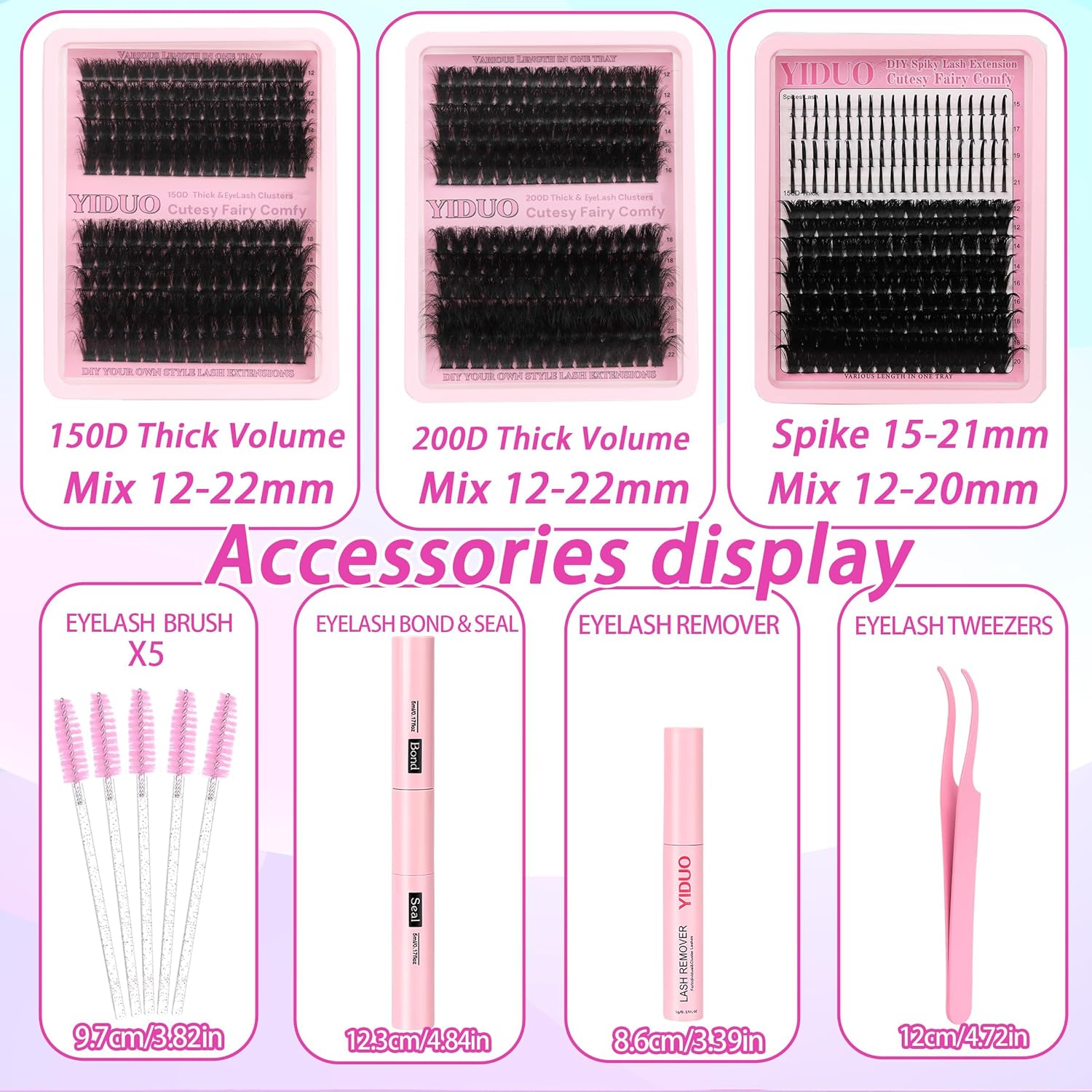 575Pcs Bulk Pack Lashes Clusters Kit with Glue and Removers, D Curl Volume 150D+200D+Spiky Lashes Clusters, 12-21mm Manga Extension Eyelashes DIY Individual False Eyelash Wholesale Pack-Velvo Beauty
