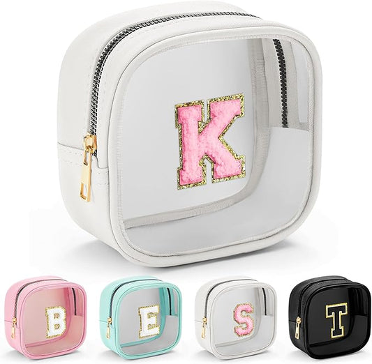 YOOLIFE Initial Make Up Bag Travel Toiletry Bag, Clear Makeup Bag Preppy Cosmetic Bags Organizer Travel Essentials Gifts for Women Teen Girlfriend Teacher Mom Birthday Mothers Day Gifts White K-Velvo Beauty