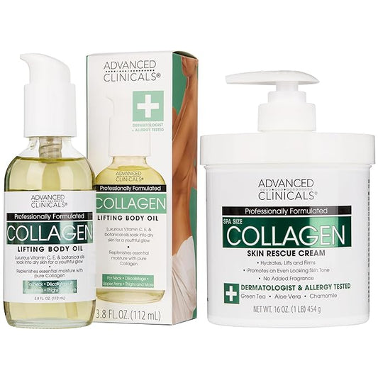 Advanced Clinicals Unscented Collagen Cream Face Moisturizer & Body Lotion + Collagen Body Oil Skincare 2pc Set For Women & Men Helps Reduce Appearance Of Crepey Skin, Wrinkles, & Dry Skin, 2PC Set-Velvo Beauty