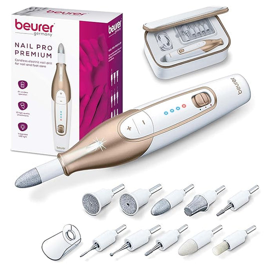 Beurer MP64 Nail Drill Kit, Cordless Electric Nail File with 10 Attachments and LED Light, Electric Manicure Set with Adjustable Speed, E-File for Manicure and Pedicure, with Storage Case-Velvo Beauty