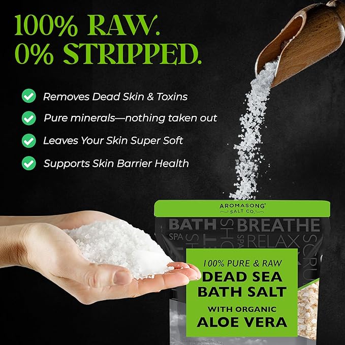 Aromasong 19 lbs RAW Dead Sea Salt with Organic Aloe Vera, not Cleaned, Still Contains All Dead sea Minerals Including Dead sea Mud, Fine Medium Grain Large resealable Bulk Pack - Packaging May Vary-Velvo Beauty
