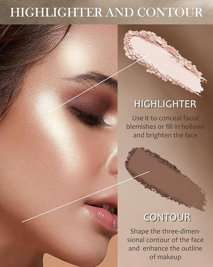 Face Contour Glitter Highlighter Powder Palette-2 in 1 Cruelty-Free Matte Bronzer Powder,Shimmer Illuminator Highlighters for a Glowing Look,Blendable Makeup Palette,Valentine's Day Gift for Women-01-Velvo Beauty