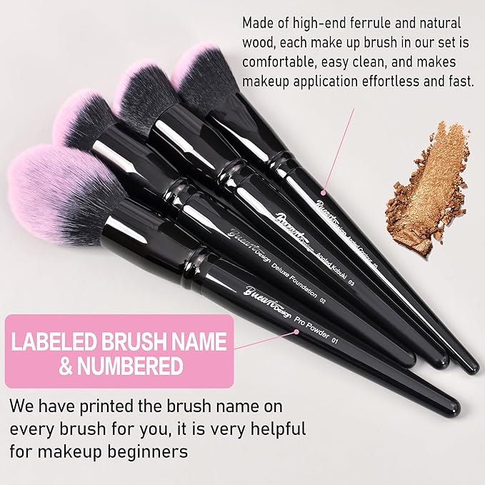 Bueart Design 18Pcs Pro Deluxe Fuchsia Pink Black Makeup Brushes set with Travel Make up Brush Holder case Foundation concealer contour Blush eyeshadow face make up brush set-Velvo Beauty