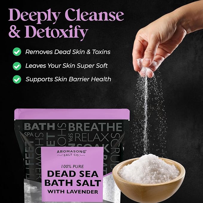 Aromasong Pure Dead Sea Salt for Soaking with 100% Natural Lavender, 5 LB - Spa Bath Salt Fine Grain - Body Wash Scrub - Soak for Women & Men- Bulk Resealable Pack (Packaging May Vary)-Velvo Beauty