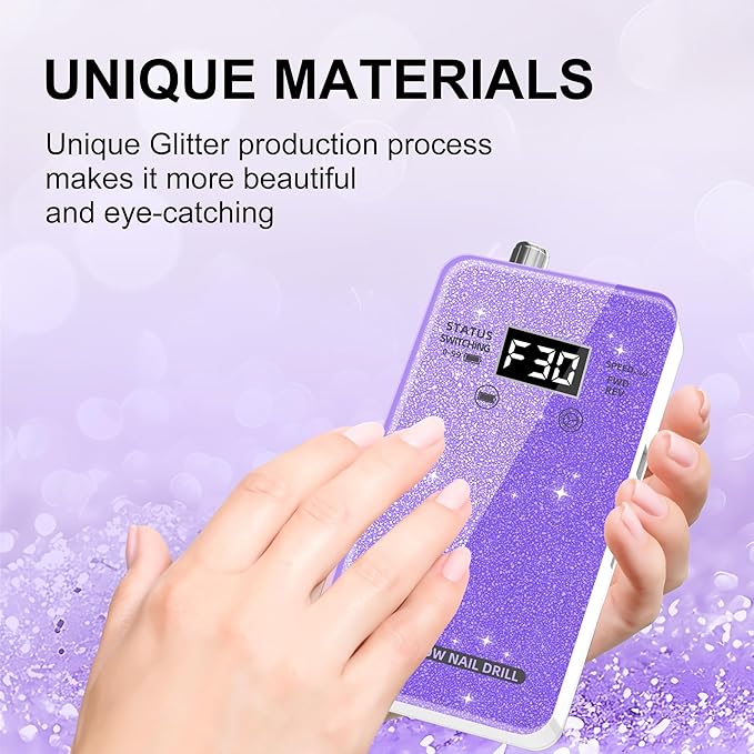 Professional Electric Nail Drill File:COSYGLOW Glitter Portable Cordless E-File Nail Drill Kit with 11 Drill Bits,30000 RPM Rechargeable Nail Drills Machine for Acrylic Nails Gel Polishing(Purple)-Velvo Beauty
