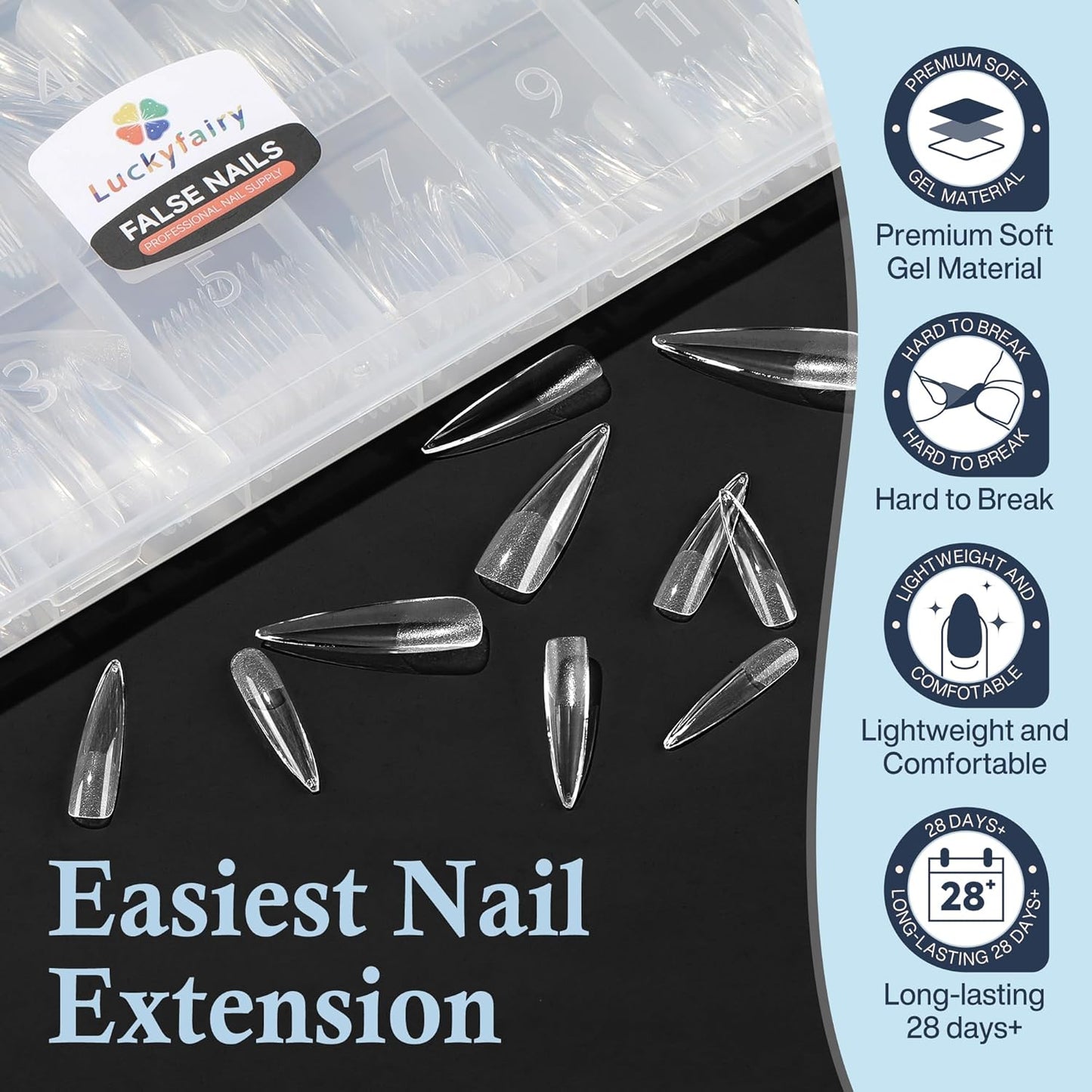 Stiletto Nail Tips Extra Long 240Pcs Pre-shaped Full Cover Fake Nail Tips No Filed Soft Gel Stiletto Acrylic Nails for Soak Off Nail Extension Nail Art DIY 12Sizes-Velvo Beauty