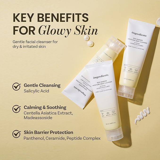 ONGREDIENTS Skin Barrier Moisture Deep Cleanser | Daily Face Wash for All Types | Centella, Peptide, AHA, LHA, Hydrating, Soothing, Pore Tightening | Vegan, Korean Skin Care 4.06 fl Oz-Velvo Beauty