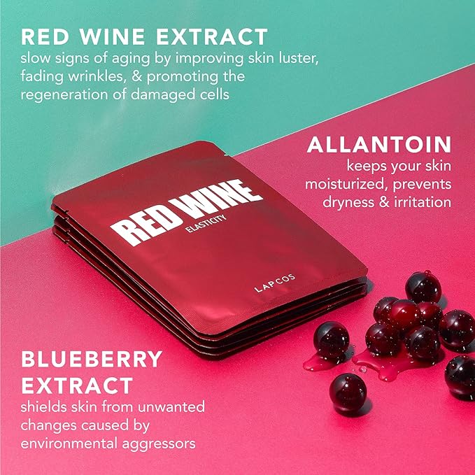 LAPCOS Red Wine Sheet Mask, Daily Face Mask to Restore and Soften Skin, Korean Beauty Favorite, 5-Pack-Velvo Beauty