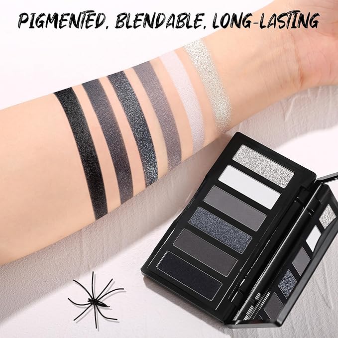 Black Eyeshadow Palette with Mirror Silver Gray Black Tones Matte Shimmer Smokey 6 Colors Mini Eye Shadow Pallet Travel Size Highly Pigmented for Vampire Clown Joker Goth Halloween Makeup-Velvo Beauty