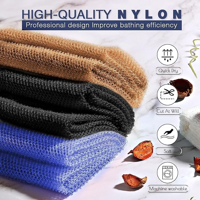 3 Pieces African Bath Sponge African Net Long Net Bath Sponge Exfoliating Shower Body Scrubber Back Scrubber Skin Smoother,Great for Daily Use (Black、Blue、Brown)-Velvo Beauty