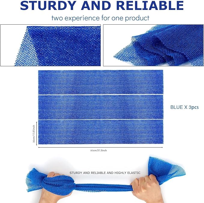 UJFQBH 3 Pieces African Bath Sponge African Net Long Net Bath Sponge Exfoliating Shower Body Scrubber Back Scrubber Skin Smoother,Great for Daily Use (Blue)-Velvo Beauty