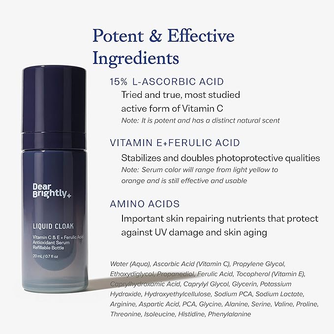Vitamin C Serum with Ferulic Acid and Vitamin E for Glowing Radiant Skin by Dear Brightly, Liquid Cloak Facial Serum for Sensitive Skin, Refillable Glass Bottle, 0.7 fl oz-Velvo Beauty