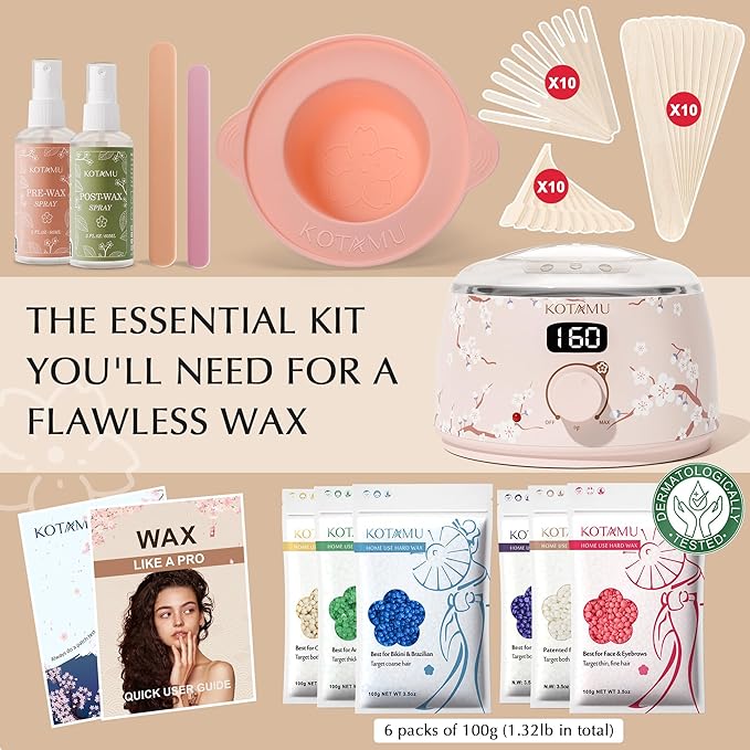 KOTAMU Waxing Kit for Women & Men, Professional Wax Warmer for Hair Removal with Silicone Pot, Wax Kit for Coarse Thick Fine Fuzzy Hair & Sensitive Skin, Waxing Warmer for Home Salon Use-Velvo Beauty