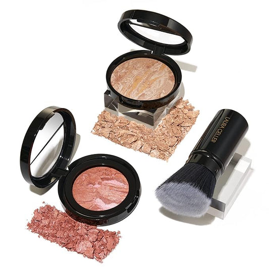 LAURA GELLER NEW YORK Blush-n-Glow Kit (3 PC): Baked Balance-N-Glow Illuminating Powder Foundation, Fair + Retractable Kabuki Brush + Baked Blush-N-Brighten, Pink Grapefruit-Velvo Beauty