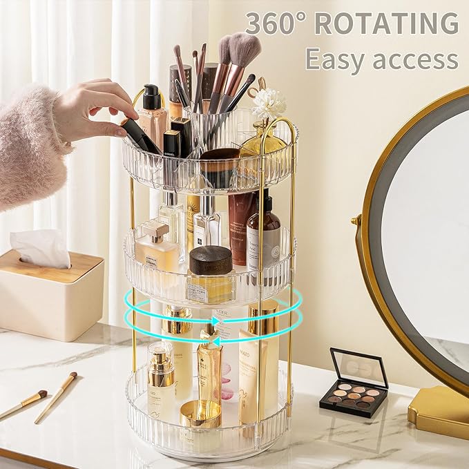 360° Rotating Makeup Organizer, Large-Capacity Skincare Make Up Storage 3 Tier Perfume Organizers Cosmetic Dresser Organizer with Makeup Brush Holder, Fits Bedroom, Bathroom, Vanity Shelf Countertop-Velvo Beauty