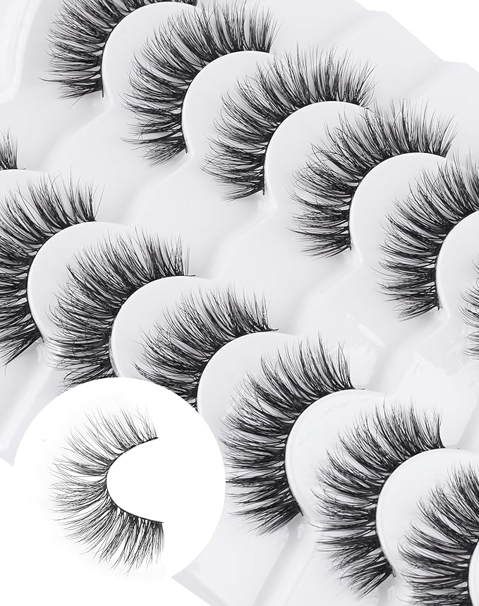 Lashes Wispy False Eyelashes Natural Look Fluffy Mink Lashes Doll Eyelashes Thick Faux Mink Eyelashes C Curl Fake Lashes 14MM 7 Pairs-Velvo Beauty
