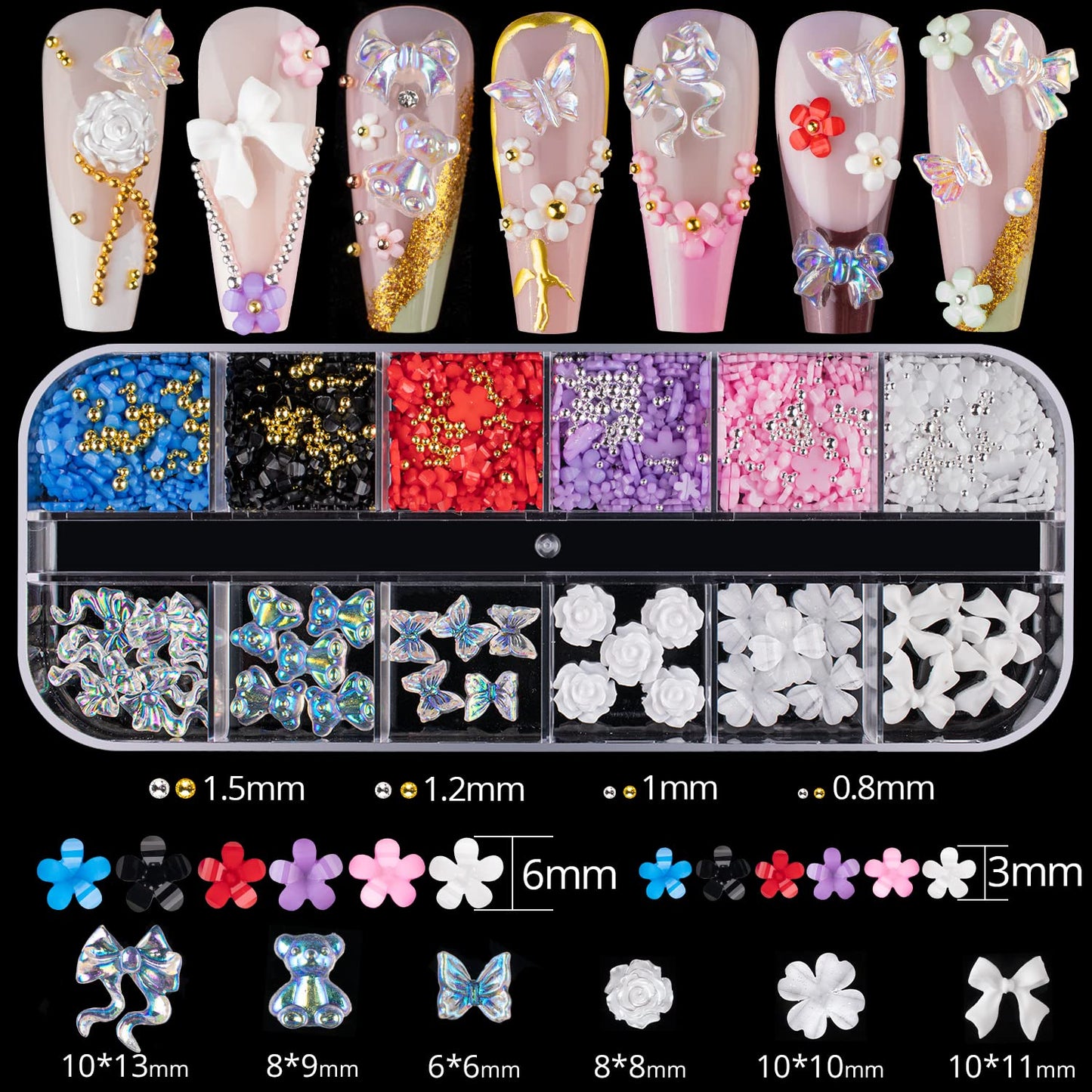 Mixed 3D Nail Art Gem Decoration Accessories Kit #11, Aurora Bear Bow Butterfly Starry AB Rhinestone Charm Jewelry for Deco, Pearl Flower Caviar Bead Stone Crystal with Pickup Pencil and Tweezer-Velvo Beauty