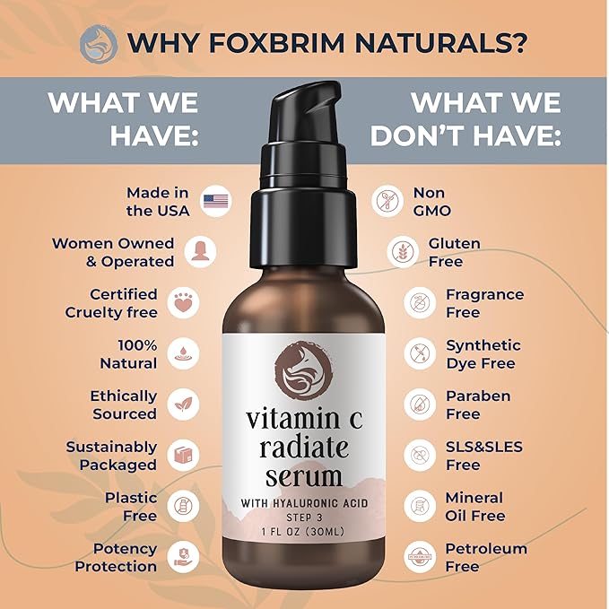 Vitamin C Face Serum - Anti Aging & Brightening Facial Serum - With Hyaluronic Acid Gotu Kola & Jojoba Oil - Natural & Organic - Foxbrim Naturals 1oz-Velvo Beauty