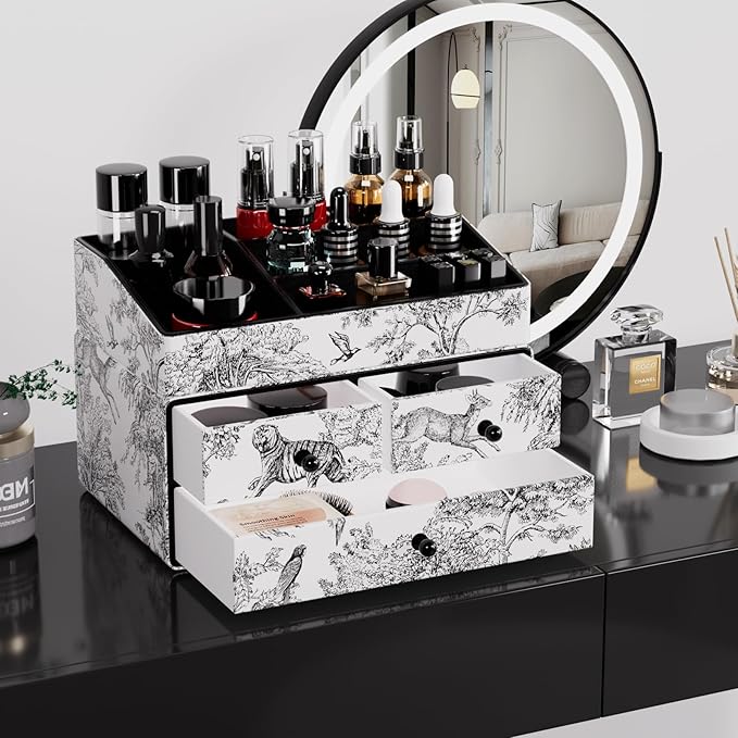 GORESE Leather Makeup Organizer with 3 Drawers for Vanity, Stackable Skincare Holder Dresser Organizer Countertop, Make Up Storage Organizers Counter Cosmetic Display Case Gift for Women(Retro Black)-Velvo Beauty