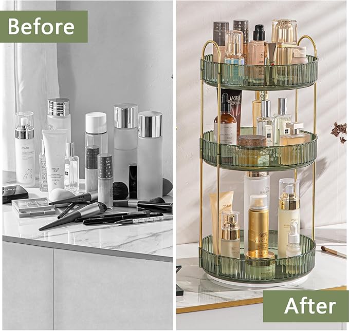 Rotating Makeup Organizer for Vanity, High-Capacity Skincare Clear Make Up Storage Perfume Organizers Cosmetic Dresser Organizer Countertop 360 Spinning (Green, 3 Tier)-Velvo Beauty