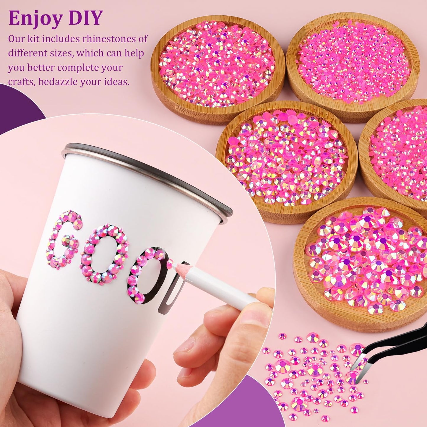 Resin Jelly Rhinestones for Crafting with B7000 Jewelry Glue, 2 Boxes Hot Pink AB Flatback Crystals with 3Pcs 10ml Glue, Bedazzling Non Hotfix Gems for DIY Tumblers Clothing Shoes Manicure-Velvo Beauty