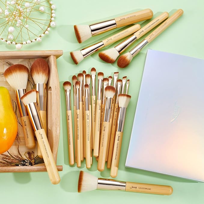 Jessup Professional Bamboo Makeup Brushes, Premium Synthetic Foundation Powder Concealer Blush Highlight Eye Blending Cosmetic Brush Set 25pcs T135-Velvo Beauty