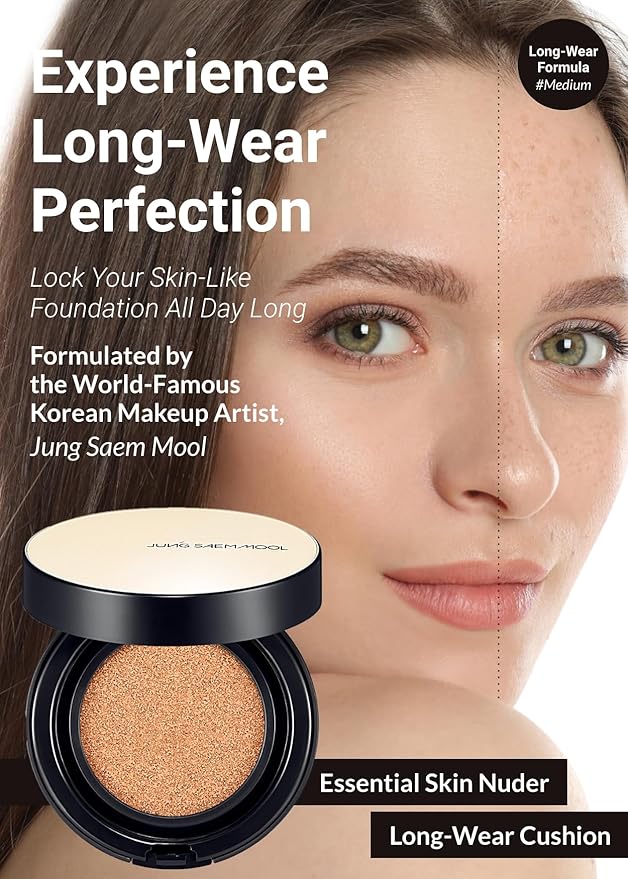 JUNG SAEM MOOL Essential Skin Nuder Longwear Cushion 0.98 Fl Oz (Medium), Refill Included, 24H Lasting Cushion Foundation with High Coverage, Semi-Matte Natural Finish, Korean Foundation Makeup-Velvo Beauty