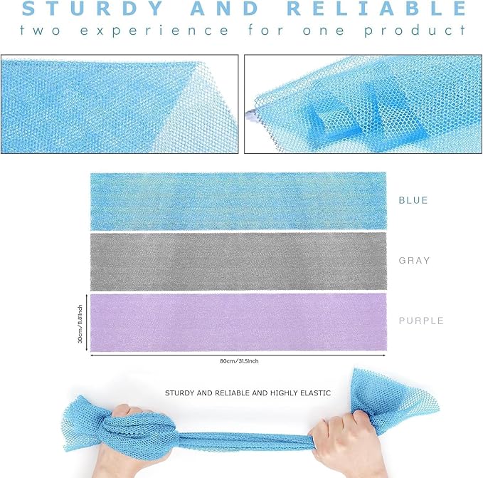UJFQBH 3 Pieces African exfoliating net African Net Long Net Bath Sponge Exfoliating Shower Body Scrubber Back Scrubber Skin Smoother,Great for Daily Use (Purple Gray Blue)-Velvo Beauty