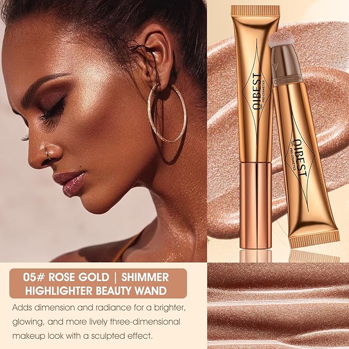 Liquid Highlighter Beauty Wand, Cream Liquid Highlighter Stick with Cushion Applicator, Lightweight Blendable, Long Lasting Silky Cream Highlighter Stick | 5# Highlight Rose Gold-Velvo Beauty