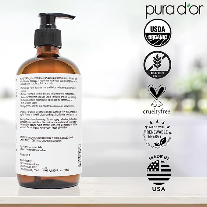 PURA D'OR 16.9 Oz ORGANIC Fractionated Coconut Oil MCT Oil (GLASS BOTTLE) 100% Pure & Natural USDA Certified Cold Pressed - Unscented, Hexane Free Moisturizer For Face, Skin & Hair Tonic - Men & Women-Velvo Beauty