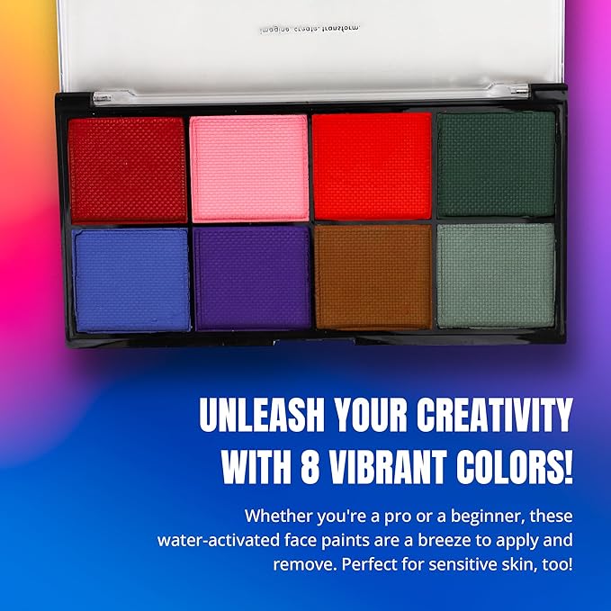 Professional Face Painting Palette - Skin Friendly Face Paint Kit - Cruelty-Free & Vegan Water Based Face Paint Makeup for Theatre, SFX & Halloween- 8 Colors 5g Each- Splashes & Spills- Regular Colors-Velvo Beauty