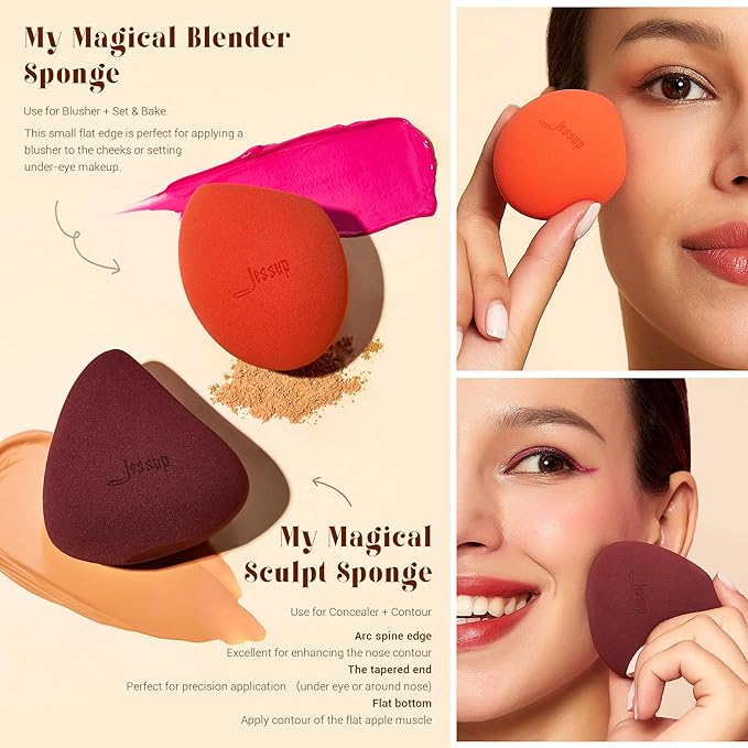 Jessup Face Makeup Brushes with Makeup Sponge, 3pcs Double Ended Makeup Brush for Foundation Contour Blush Highlight and Concealer Brush, Premium Synthetic Brush Set with Gift Box, T510-Velvo Beauty