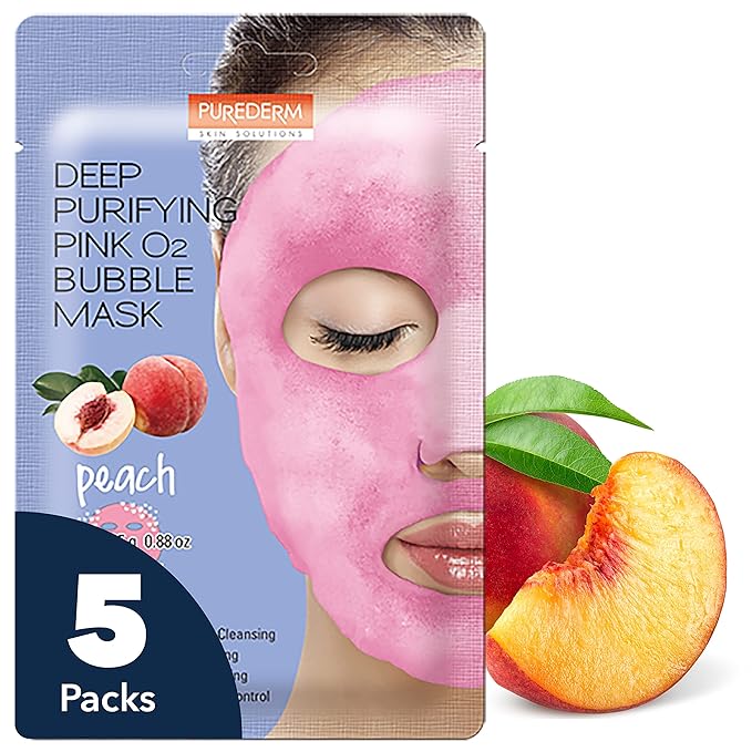 Purederm Deep Purifying Pink O2 Bubble Mask Peach (5 Pack) – Bubble Face Sheet Mask for Purifying & Moisturizing-Velvo Beauty