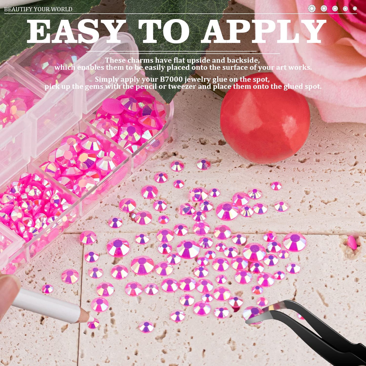 7000PCS Resin Rhinestones with Tweezers for Crafting, 2/3/4/5/6mm Flatback Jelly Rhinestones, 4 Box Hot Pink AB Non Hotfix Crystal Gems for DIY Crafts Mugs Tumblers Clothes Makeup Nail-Velvo Beauty