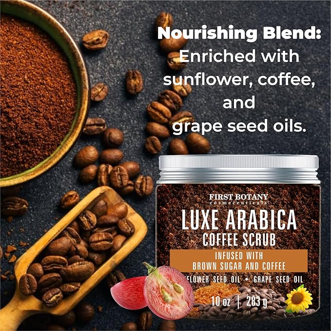 First Botany Body Scrub - Natural Exfoliating Sugar Scrub & Body and Face Souffle helps with Moisturizing Skin, Acne, Cellulite, Dead Skin Scars, Wrinkles (10 fl oz, Brown Sugar + Coffee)-Velvo Beauty