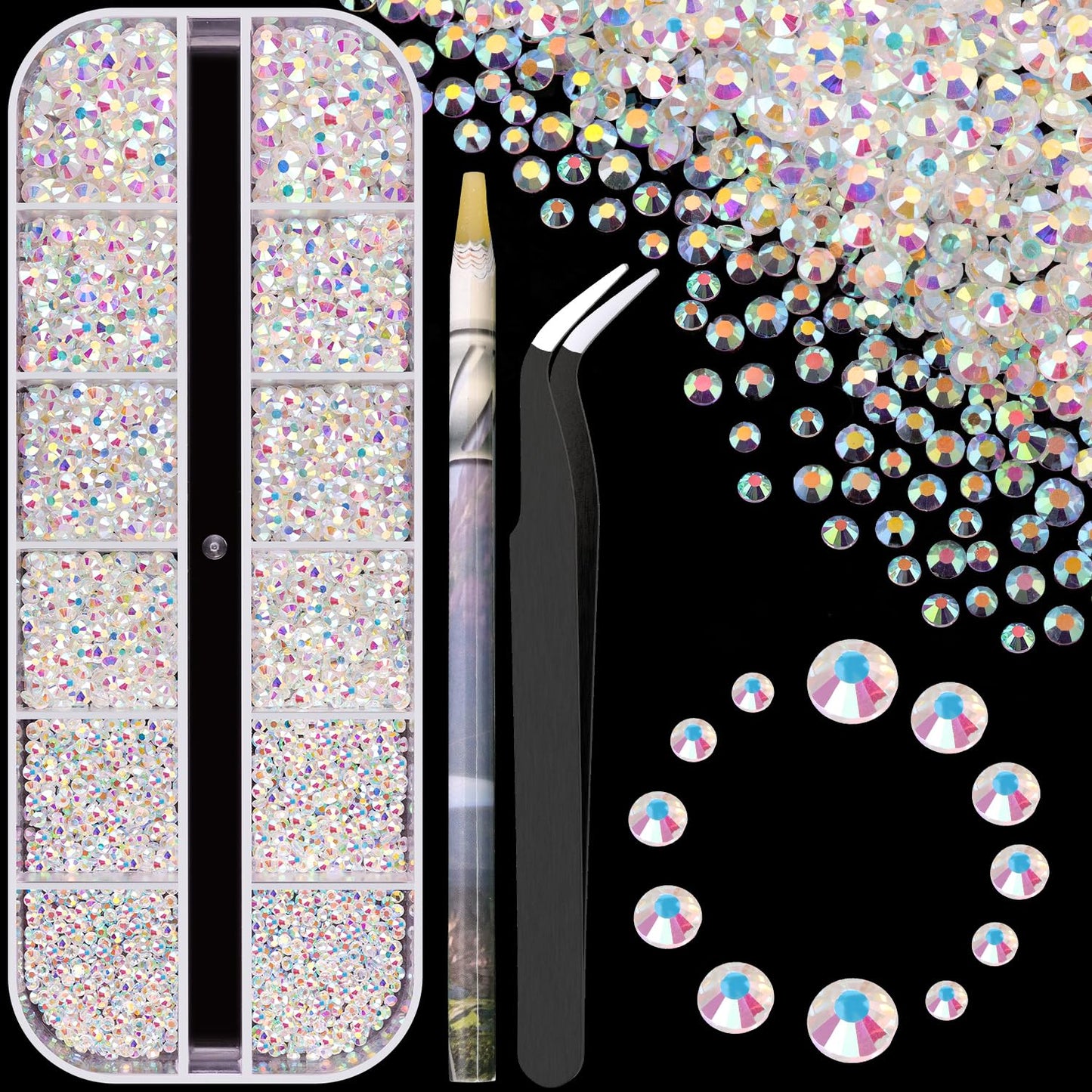 3600pcs Glass Transparent AB Nail Rhinestones 6 Sizes(1.8/2/2.4/2.8/3/4mm) Flatback Crystal Nail Charms Jewels Decoration for Nail Art and Crafting, Tweezer and Pickup Pen included-Velvo Beauty