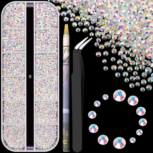 3600pcs Glass Transparent AB Nail Rhinestones 6 Sizes(1.8/2/2.4/2.8/3/4mm) Flatback Crystal Nail Charms Jewels Decoration for Nail Art and Crafting, Tweezer and Pickup Pen included-Velvo Beauty