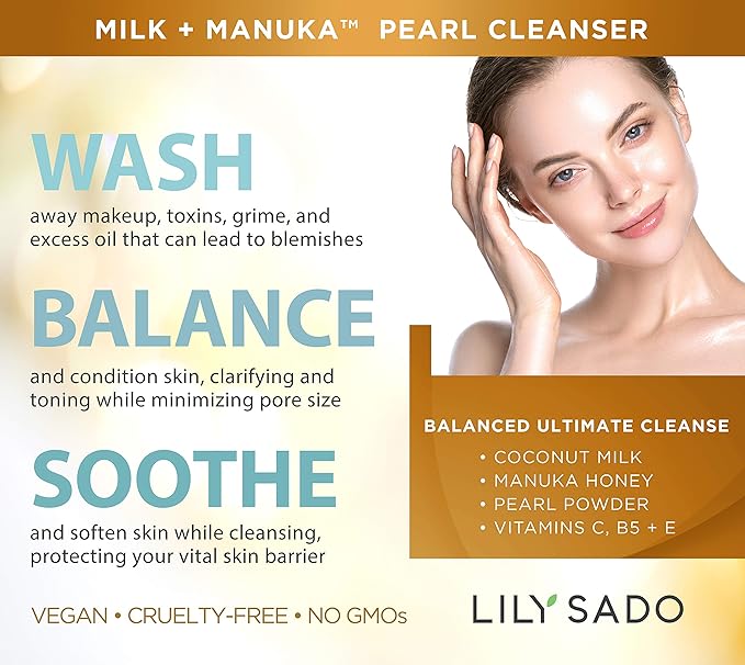 LILY SADO MILK+MANUKA™ Coconut Milk & Manuka Honey Gentle Gel Face Cleanser - Natural Cruelty-Free Facial Wash Cleanses, Balances, Soothes & Hydrates - Reduces Pores & Blackheads - 5oz-Velvo Beauty