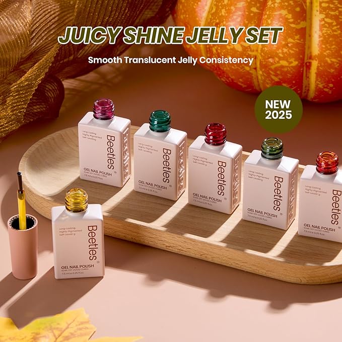 Beetles Jelly Gel Nail Polish Set - 6 Colors Yellow Orange Burgundy Red Purple Green Fall Gel Polish Kit Sheer Translucent Effect Soak off UV Nail Art Autumn Prism Series Manicure Gift for Women-Velvo Beauty