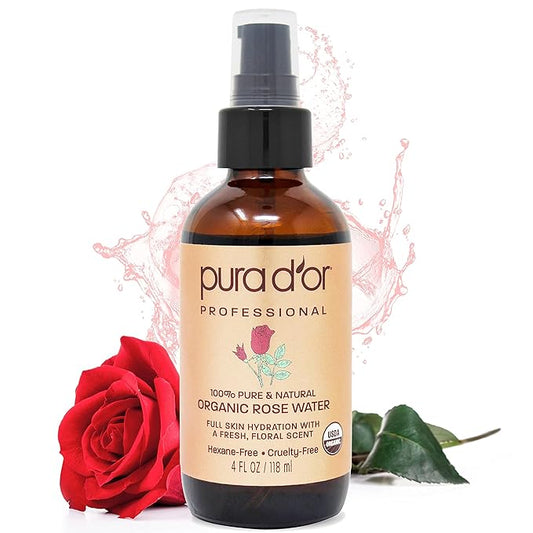 PURA D'OR Organic Rose Water Toner (4oz / 118mL) Eau Fraiche, 100% Pure Full Skin Hydration, Control Excess Oils & Acne - Cleanses & Softens - Promotes Healthy Skin Cell - for All Skin Types-Velvo Beauty